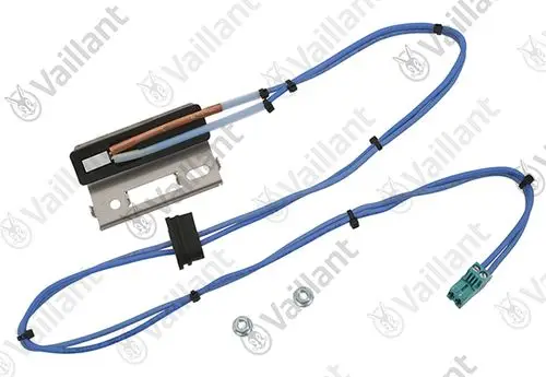 Vaillant Sicherheitstemperaturbegrenzer mit blauen Kabeln und Steckanschluss, montiert auf einer Metallbasis, geeignet für spezifische Heizsysteme.